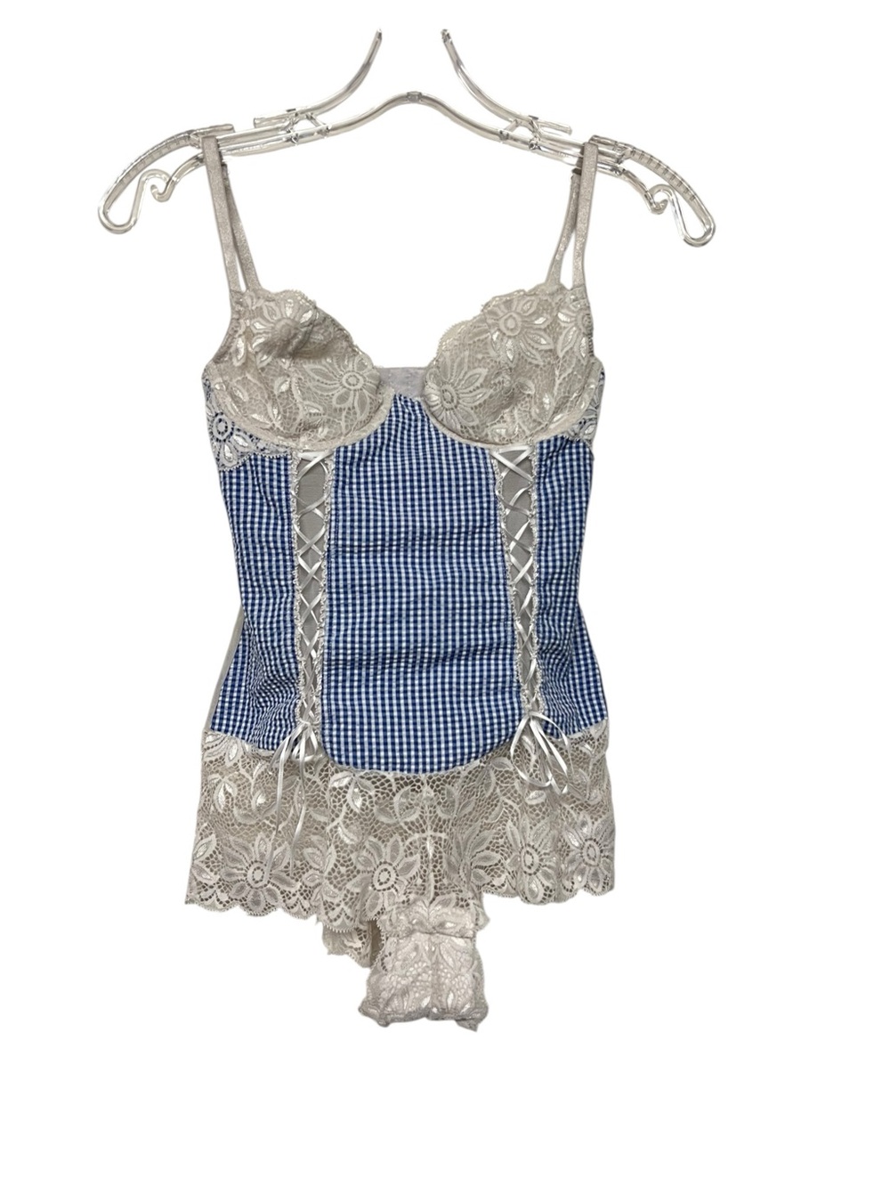 Frederick's of Hollywood Blue Gingham Lace Bustier Bodysuit Cocquette Prairie